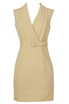 Day At The Museum Designer Belted Dress in Beige